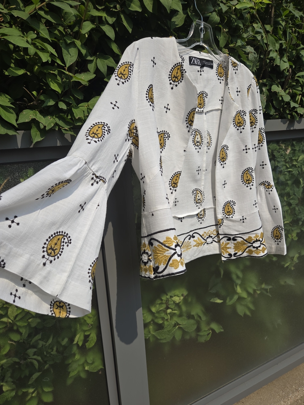 Zara White Embroidered Boho Jacket with Yellow Motifs Viscose/Linen XL